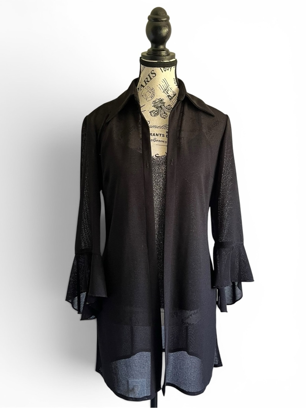 Terra Nostra Sheer Black Duster Cardigan Bell Sleeve Open Front Boho Soft Goth